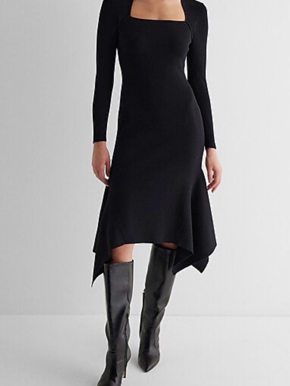 Ribbed Square Neck Asymmetrical Hem Midi Sweater Dress